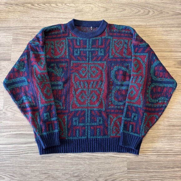 Other - Vintage 90s Tribal Geometric Knit Sweater Navy Blue Burgundy Teal Large